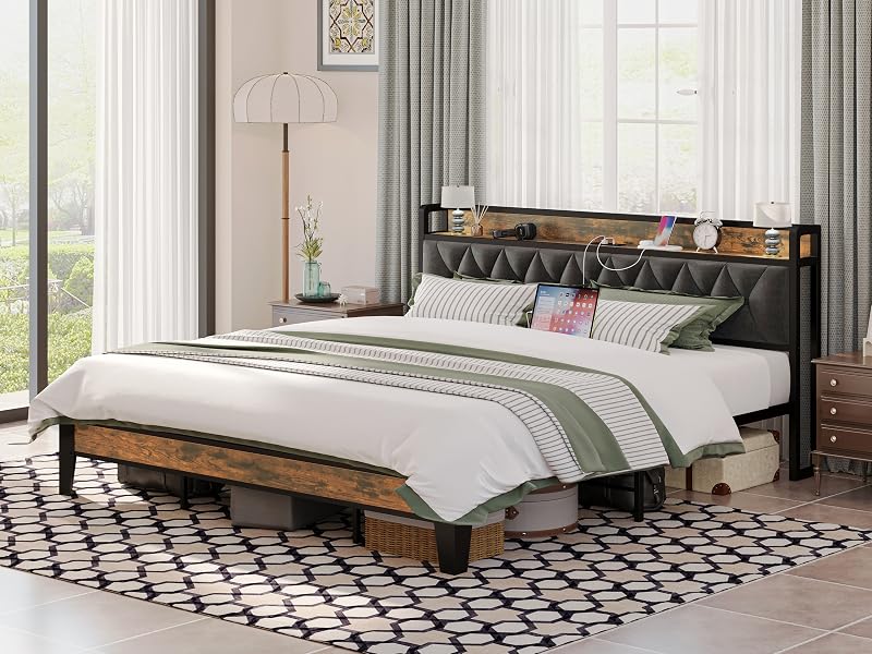 Twin/TwinXL/Full/Queen/King/CaliforniaKing Bed Frames, Storage Headboard with Outlets, No Noise, No Box Springs Needed