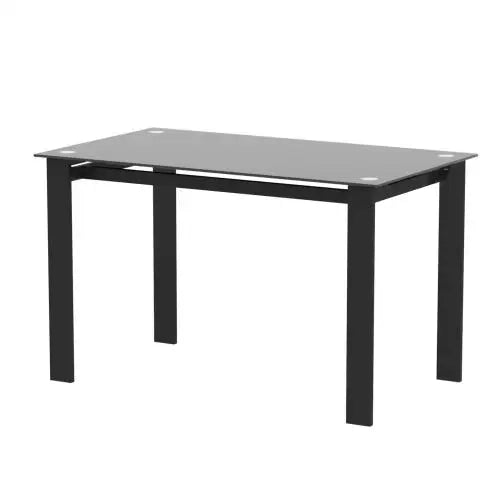 Modern Black Dining Table with Tempered Glass Top and Simple Rectangular Metal Legs Assembled for Living Room or Kitchen Use