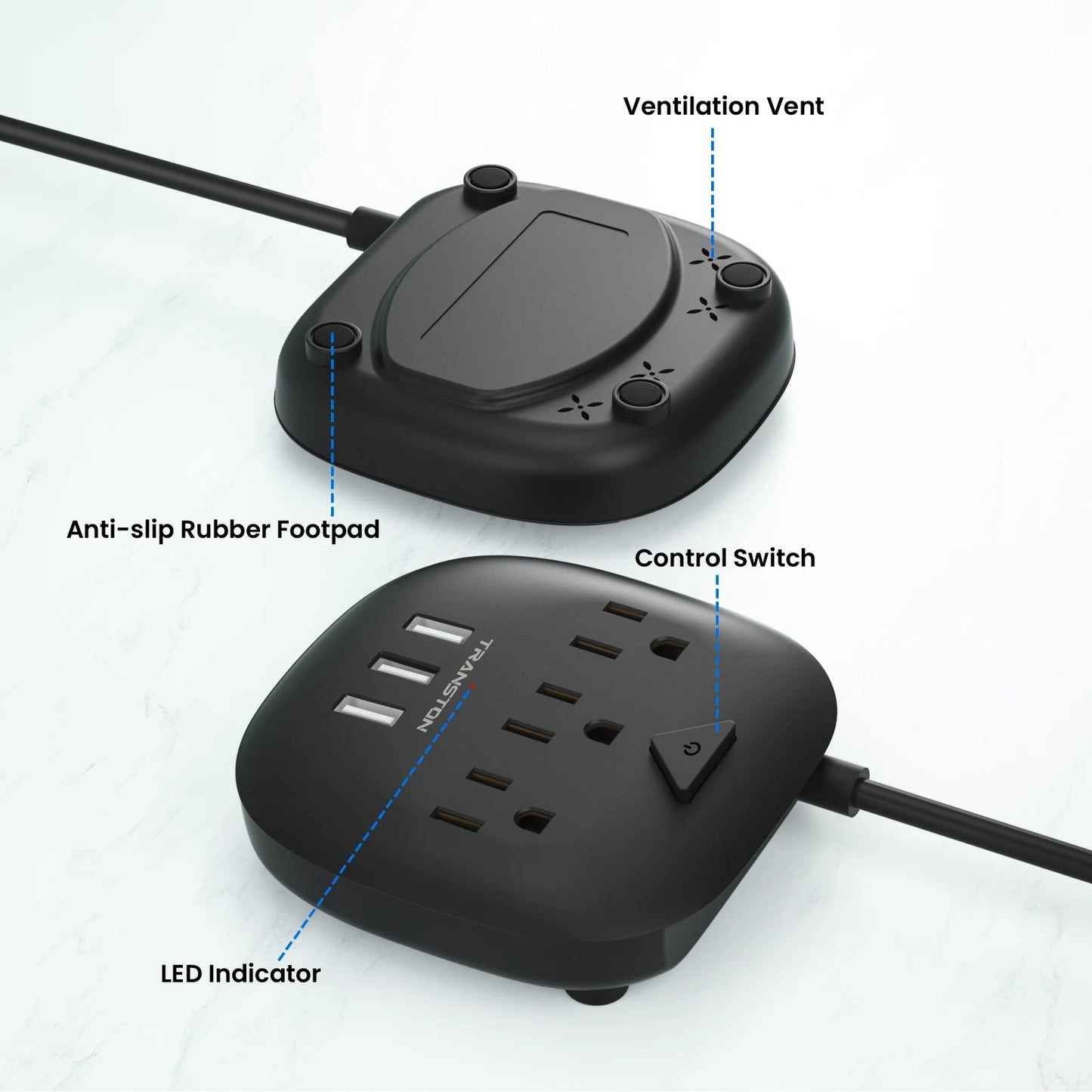 TRANSTON power strip with switch, 3 power strip , 3 USB Ports, 3.3ft Extension Cord, Quick Charge, Fire Resistant, For Home