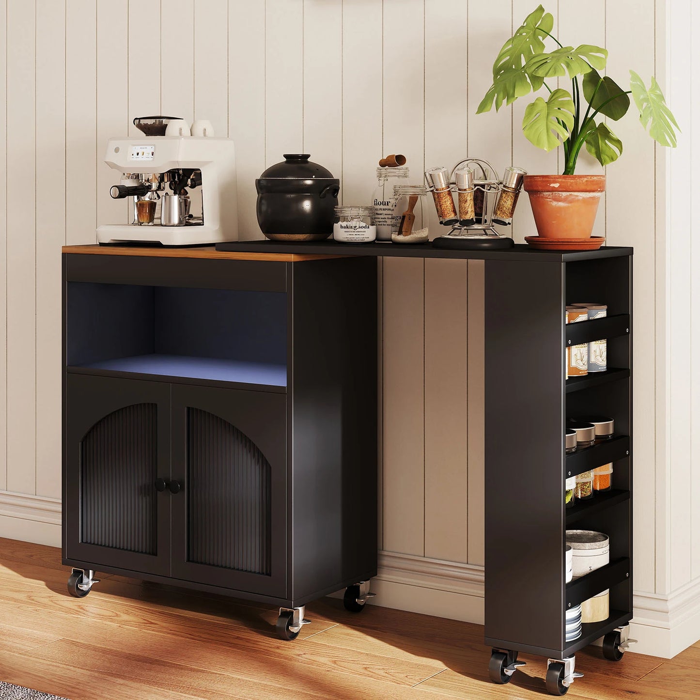US Kitchen Island On Wheels with Extended Table MDF Rolling Kitchen Storage Cart LED Light Power Outlets 2 Fluted Glass Doors