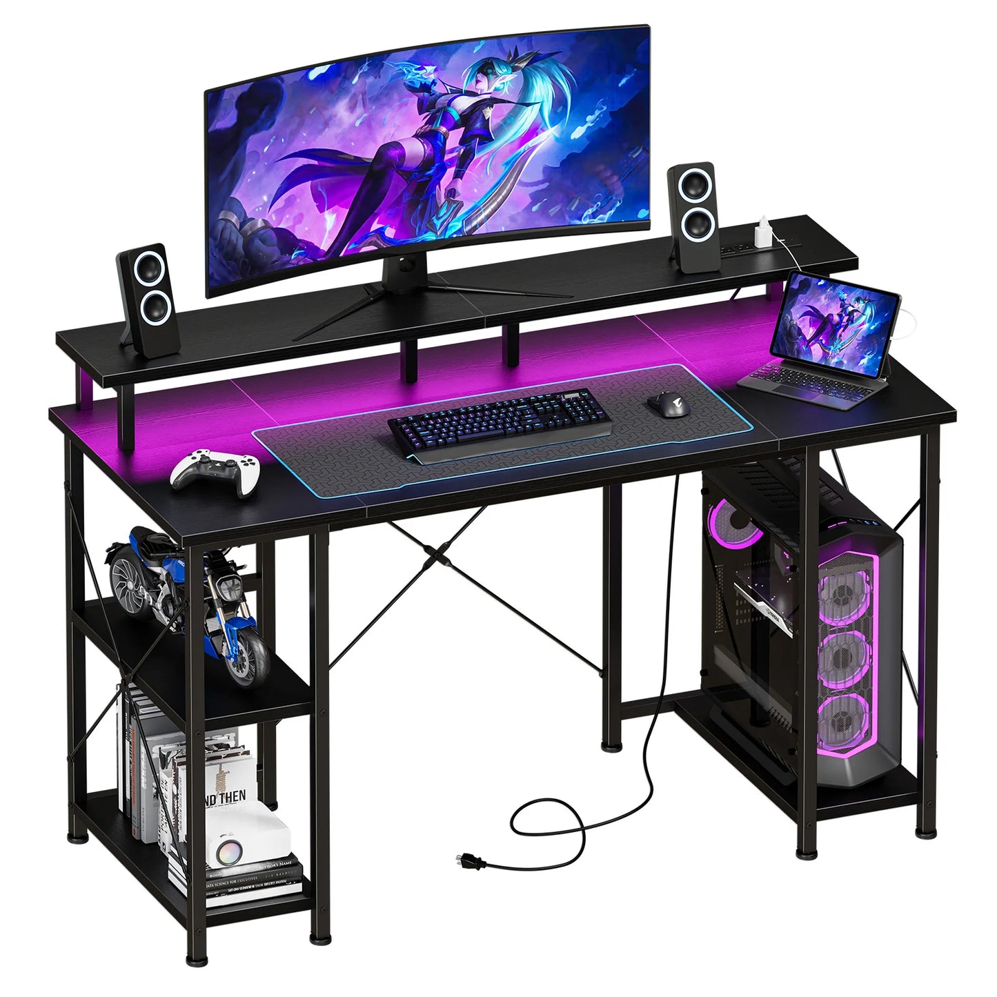 JHK 48‑Inch Computer Desk With Storage, Outlets, LED.