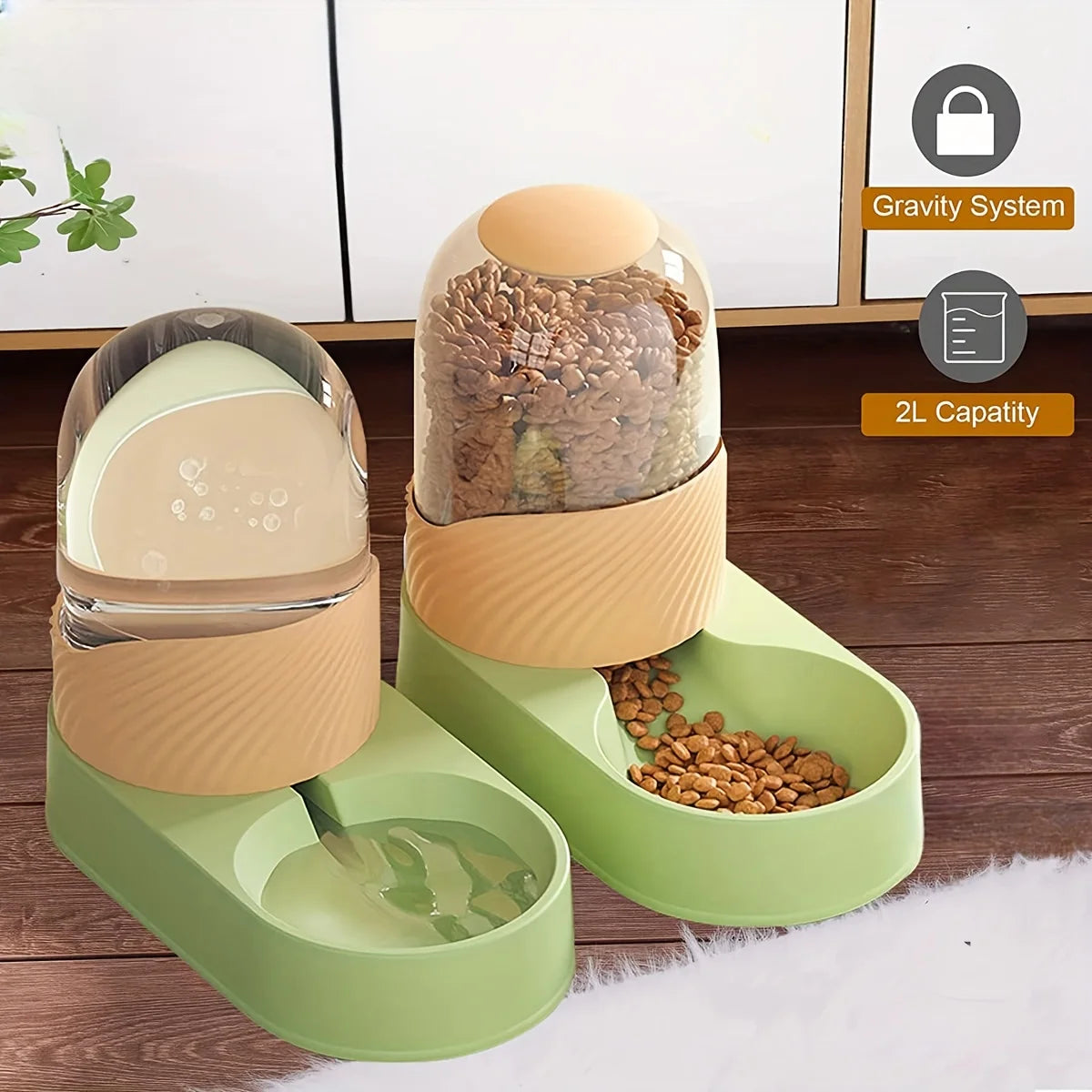 2‑in‑1 automatic feeder with water dispenser.