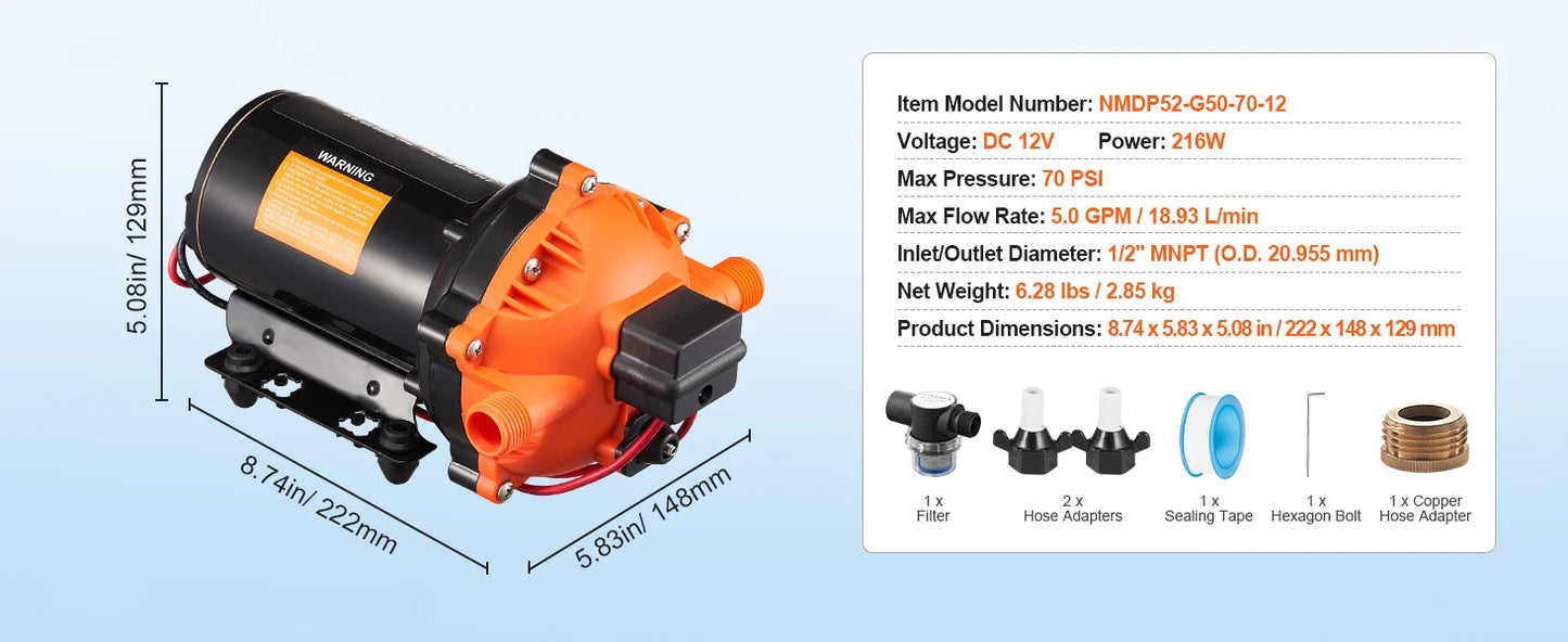 12V Diaphragm Pump 1.8/3/3.5/5 GPM 3/4/5-Chamber 40-100 PSI Adjustable 1/2'' MNPT Port for RV Yacht Food Truck Camper