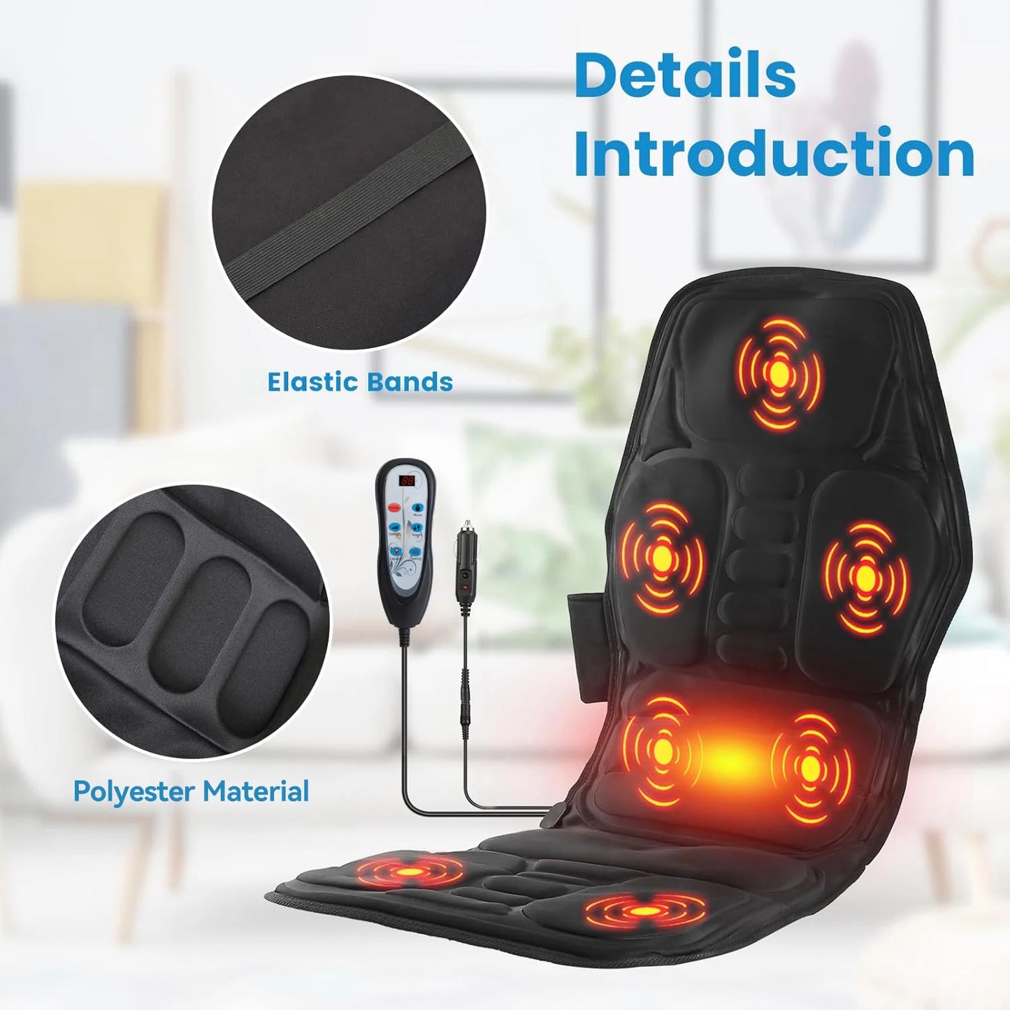 Heated massage seat cushion; seven modes, pain-relief