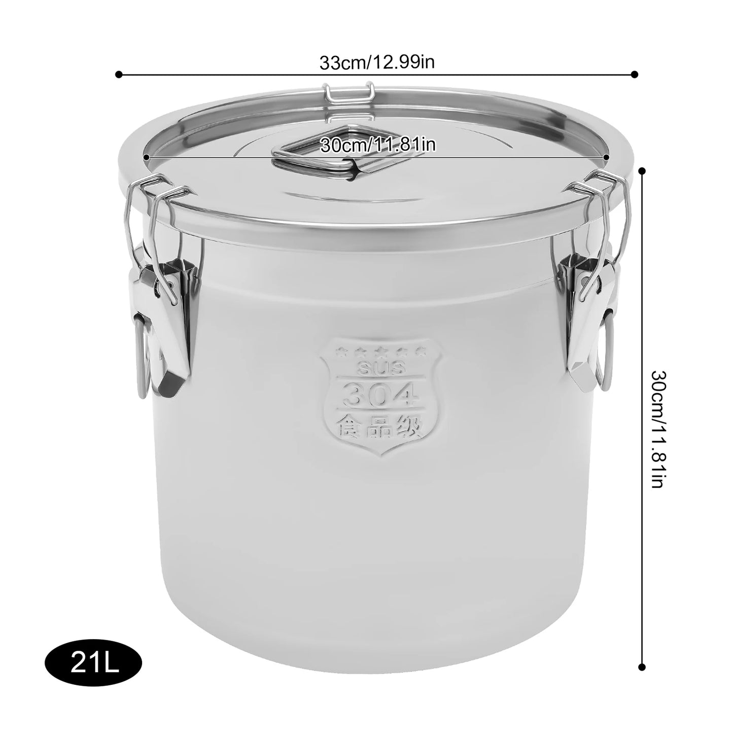 21/33L Stainless Steel Storage Bucket With Lids and 3 Sturdy Locking Clamp Storing Various Dry/Wet Items