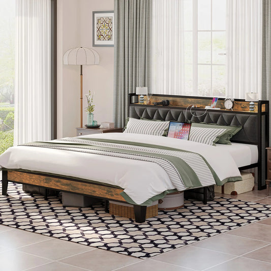 Twin/TwinXL/Full/Queen/King/CaliforniaKing Bed Frames, Storage Headboard with Outlets, No Noise, No Box Springs Needed