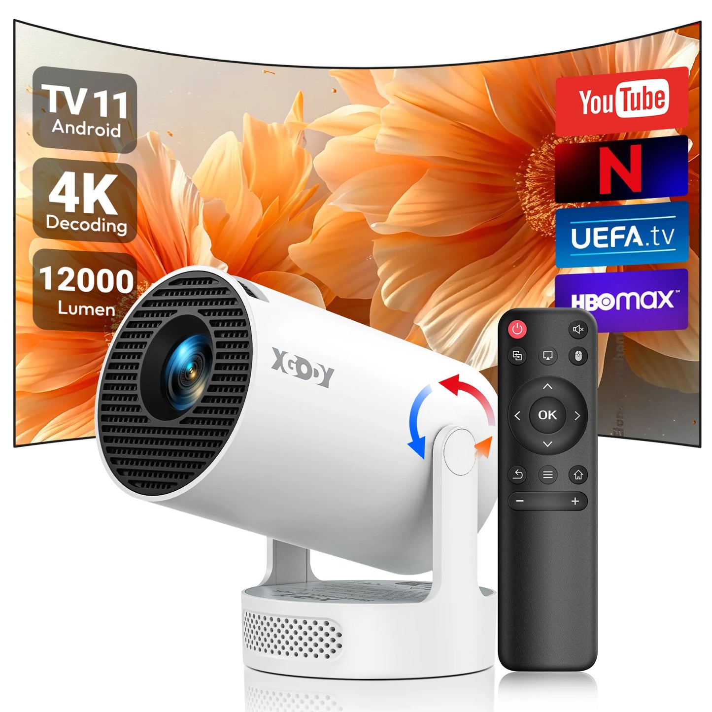 XGODY 4K 1080p LED Projector with 12000 Lumen Brightness