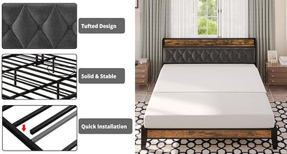 Twin/TwinXL/Full/Queen/King/CaliforniaKing Bed Frames, Storage Headboard with Outlets, No Noise, No Box Springs Needed