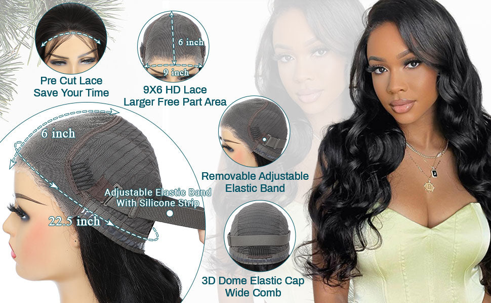 9x6 Glueless Wig Human Hair Pre Plucked Pre Cut Body Wave HD Closure Wig Human Hair Pre Bleached Knots With Baby Hair 250 Density