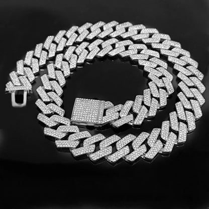 Iced‑out three‑row Cuban link necklace for men.