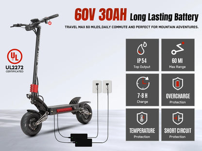 60V Raptor Road Dual Motor Electric Scooter 250W Brushless Motors 150kg Capacity 11 Inch Foldable Wheels Smart Digital