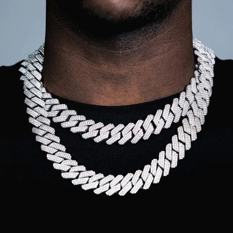 Iced‑out three‑row Cuban link necklace for men.