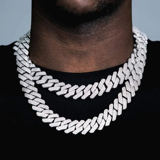 Iced‑out three‑row Cuban link necklace for men.