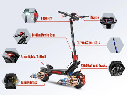 60V Raptor Road Dual Motor Electric Scooter 250W Brushless Motors 150kg Capacity 11 Inch Foldable Wheels Smart Digital