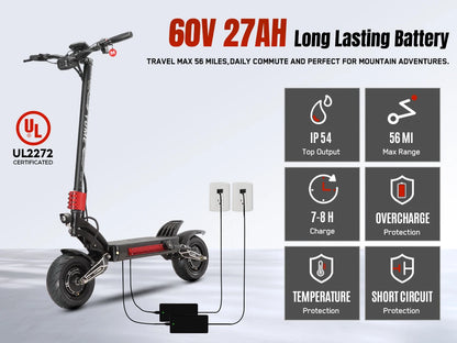 60V Raptor Road Dual Motor Electric Scooter 250W Brushless Motors 150kg Capacity 11 Inch Foldable Wheels Smart Digital