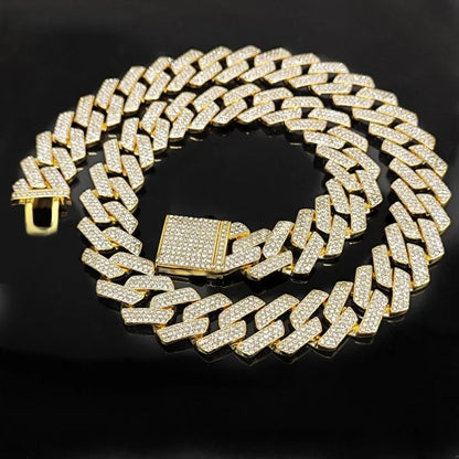 Iced‑out three‑row Cuban link necklace for men.