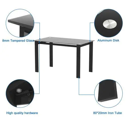 Modern Black Dining Table with Tempered Glass Top and Simple Rectangular Metal Legs Assembled for Living Room or Kitchen Use