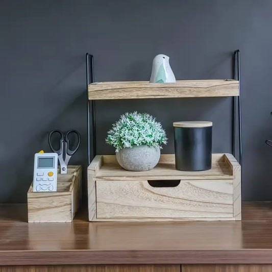Modern Minimalist 2-Tier Natural Wood Countertop Organizer Drawer Sturdy Storage Shelf Open Closed Space-Saving Features Desktop