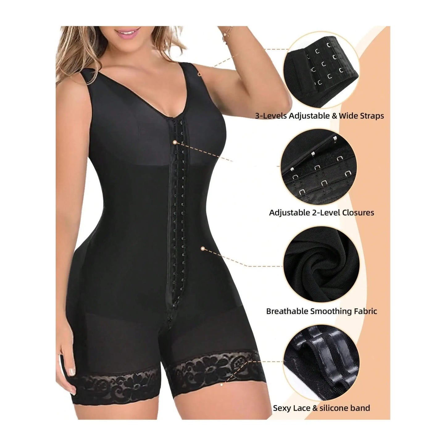 Women's Mid-Thigh Shapewear Firm Control No Compression Bra Hook Decoration Three Colors Smoothing Shaping Sculpting Technology