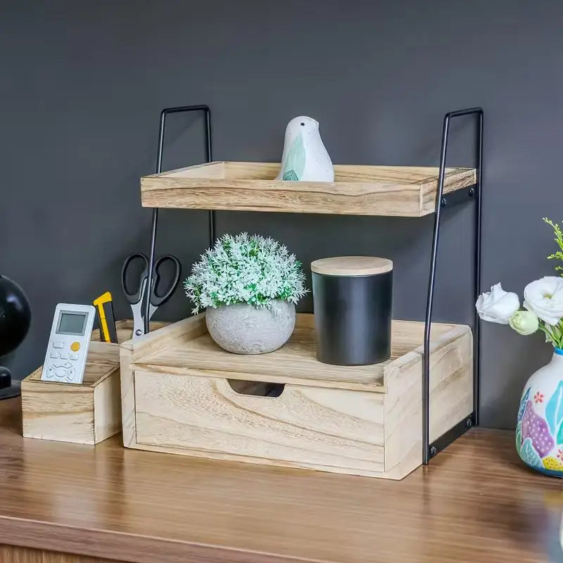 Modern Minimalist 2-Tier Natural Wood Countertop Organizer Drawer Sturdy Storage Shelf Open Closed Space-Saving Features Desktop