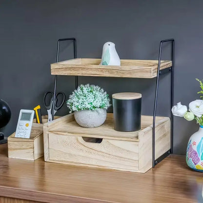 Modern Minimalist 2-Tier Natural Wood Countertop Organizer Drawer Sturdy Storage Shelf Open Closed Space-Saving Features Desktop