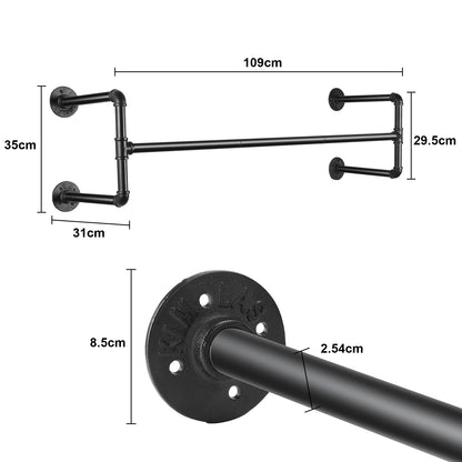 Industrial Wall‑Mounted Pipe Clothes Rack Saves Bedroom Space.
