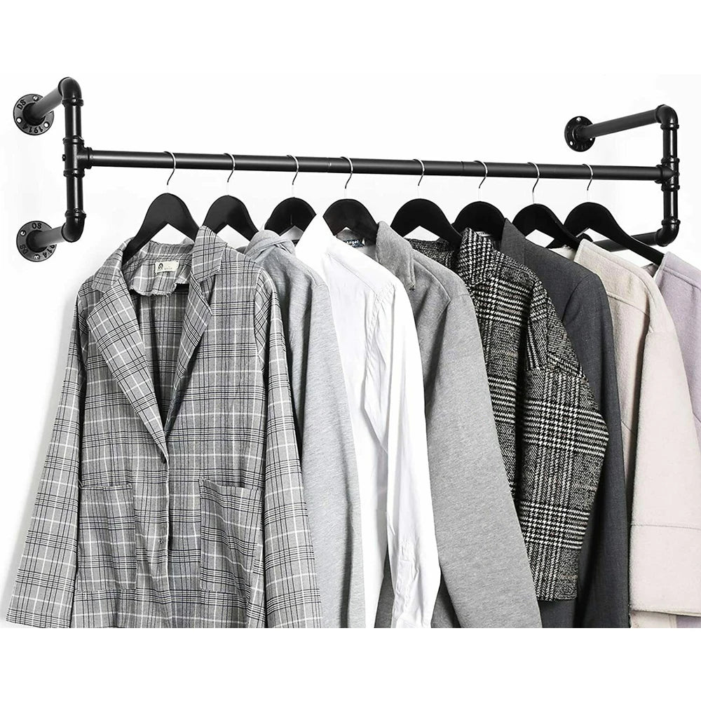 Industrial Wall‑Mounted Pipe Clothes Rack Saves Bedroom Space.
