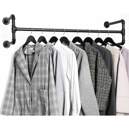 Industrial Wall‑Mounted Pipe Clothes Rack Saves Bedroom Space.