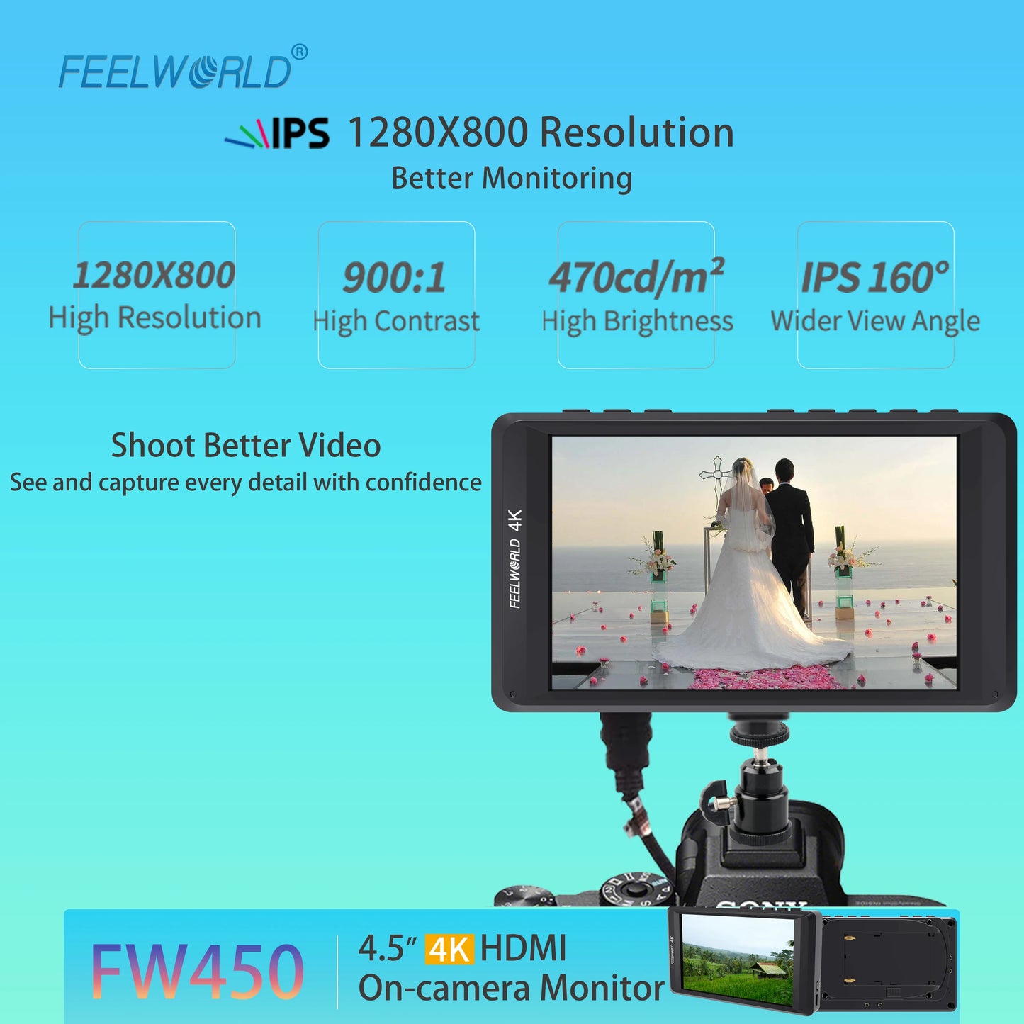 4.5" IPS On-Camera Monitor DSLR Field Monitor HDMI Input Output HD 1280x720 Field Monitor for DSLR