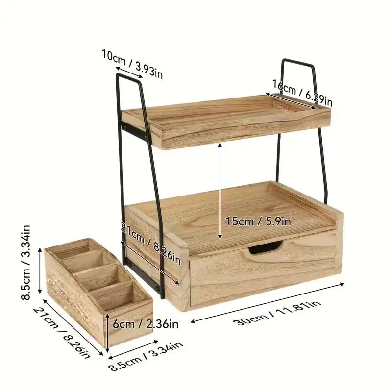 Modern Minimalist 2-Tier Natural Wood Countertop Organizer Drawer Sturdy Storage Shelf Open Closed Space-Saving Features Desktop