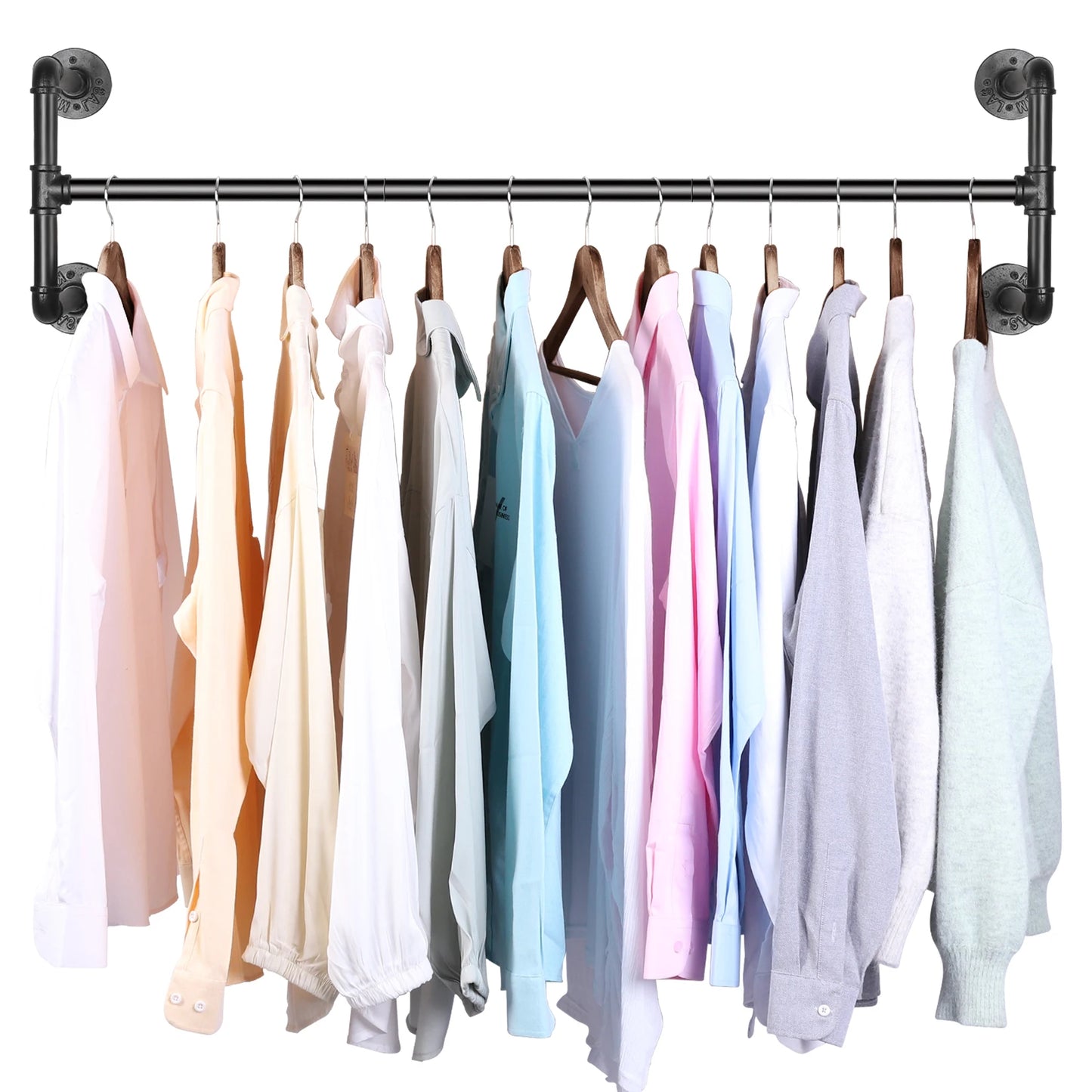 Industrial Wall‑Mounted Pipe Clothes Rack Saves Bedroom Space.