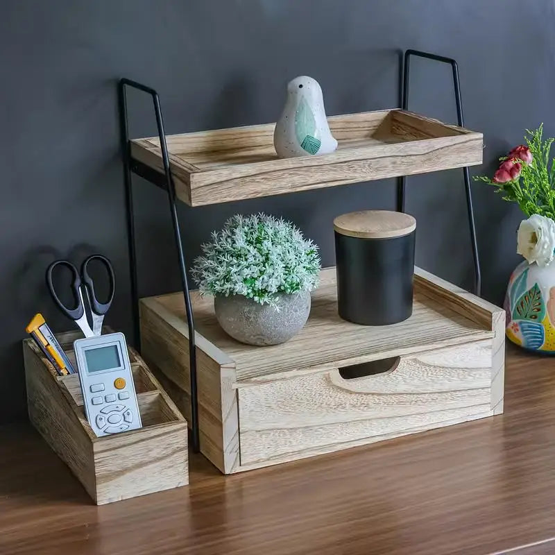 Modern Minimalist 2-Tier Natural Wood Countertop Organizer Drawer Sturdy Storage Shelf Open Closed Space-Saving Features Desktop