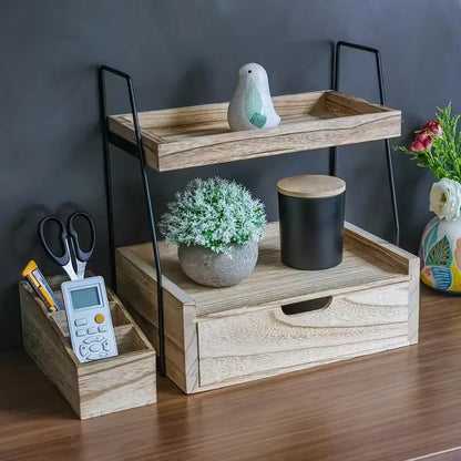 Modern Minimalist 2-Tier Natural Wood Countertop Organizer Drawer Sturdy Storage Shelf Open Closed Space-Saving Features Desktop