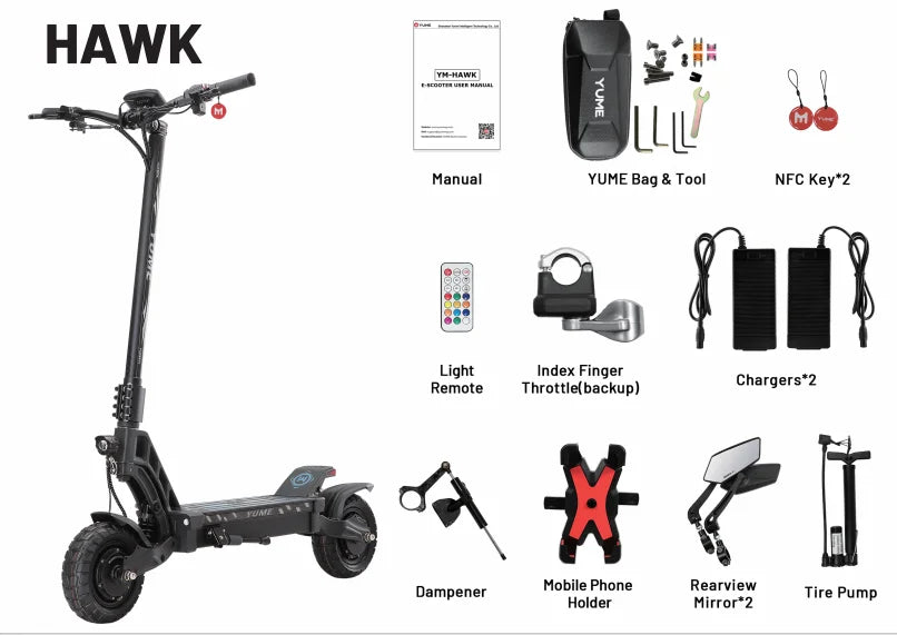 60v Hawk Dual Motor Electric Scooter 10 Inch Big Wheel 250W Lithium Battery Foldable Kick 70km Range Two-Wheel Vehicle