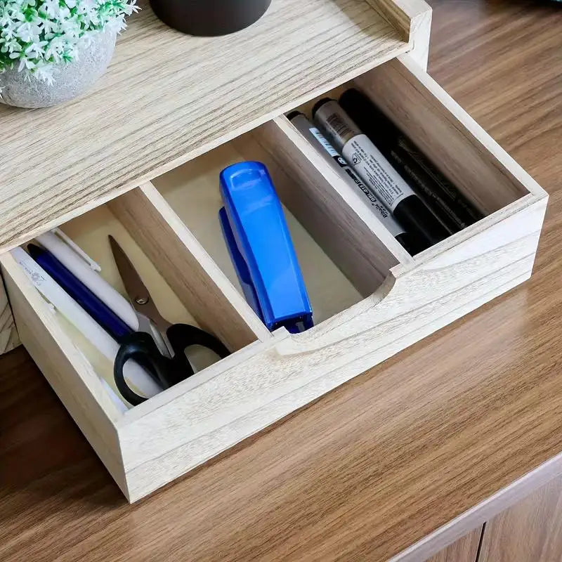 Modern Minimalist 2-Tier Natural Wood Countertop Organizer Drawer Sturdy Storage Shelf Open Closed Space-Saving Features Desktop