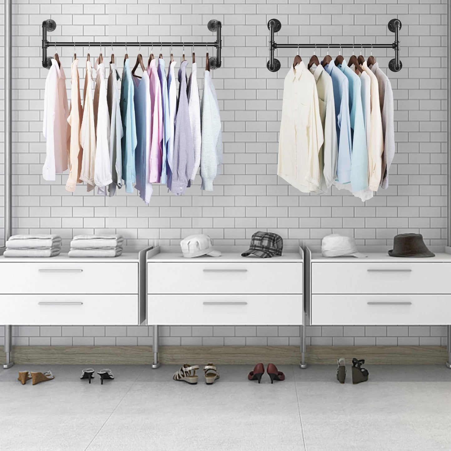 Industrial Wall‑Mounted Pipe Clothes Rack Saves Bedroom Space.