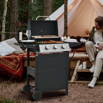 26,000 BTU Propane Gas Grill with 3 Burners Stainless Steel BBQ Two Shelves Lid Wheels