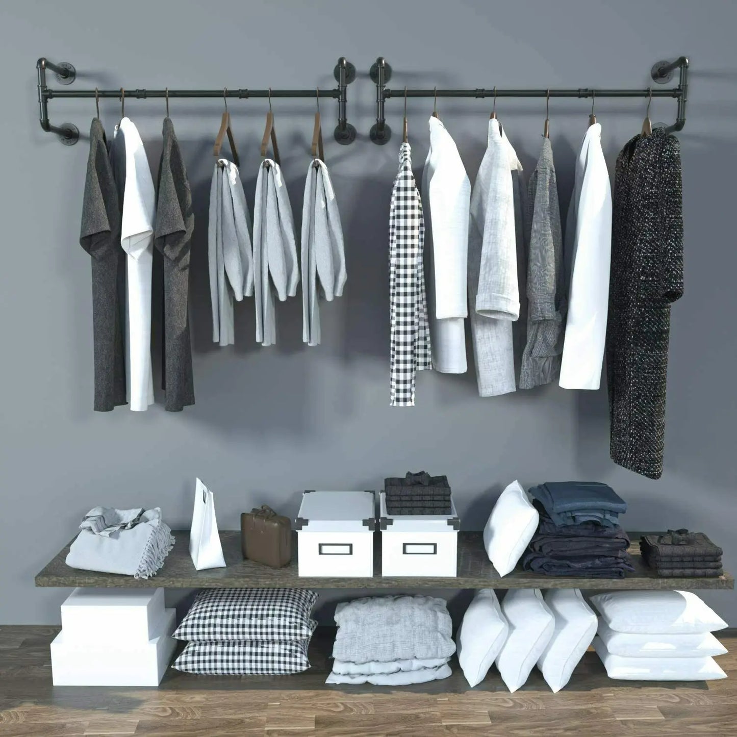 Industrial Wall‑Mounted Pipe Clothes Rack Saves Bedroom Space.