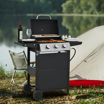 26,000 BTU Propane Gas Grill with 3 Burners Stainless Steel BBQ Two Shelves Lid Wheels