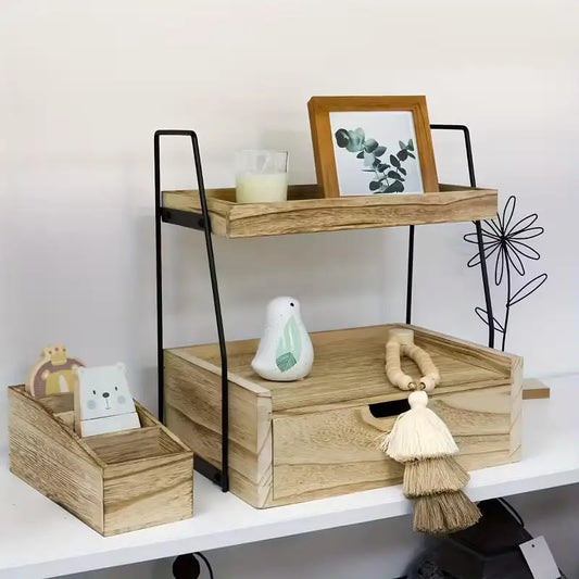 Modern Minimalist 2-Tier Natural Wood Countertop Organizer Drawer Sturdy Storage Shelf Open Closed Space-Saving Features Desktop