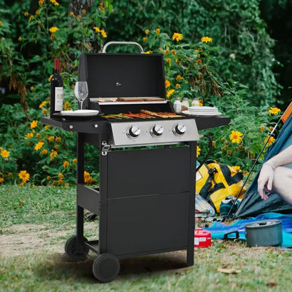 26,000 BTU Propane Gas Grill with 3 Burners Stainless Steel BBQ Two Shelves Lid Wheels