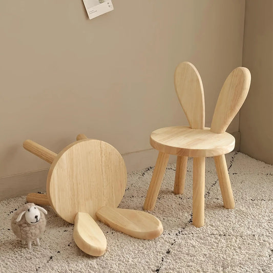 Adorable Portable Rabbit Ear Design Round Wooden Stool for Kids with Smooth Surface for Living Rooms