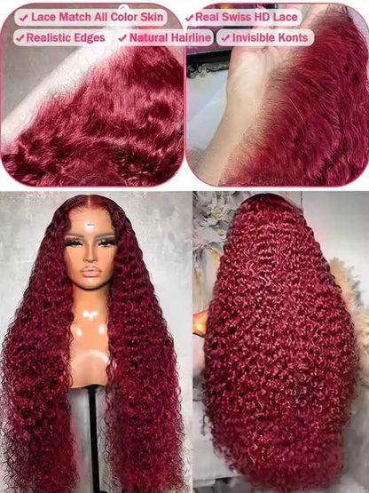 Burgundy deep‑wave wig, 13x4 HD lace.