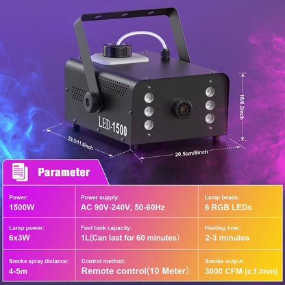 1500W Smoke Machine RGB 6 LED Fog Machine with Remote Control for DJ Disco Party Christmas Stage Effect Fogger Machine