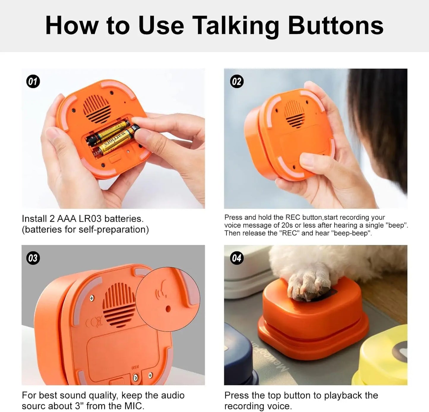 ZUJOLY Dog Button Record Talking Pet Communication Vocal Training Interactive Toy Bell Ringer With Pad and Sticker Easy To Use