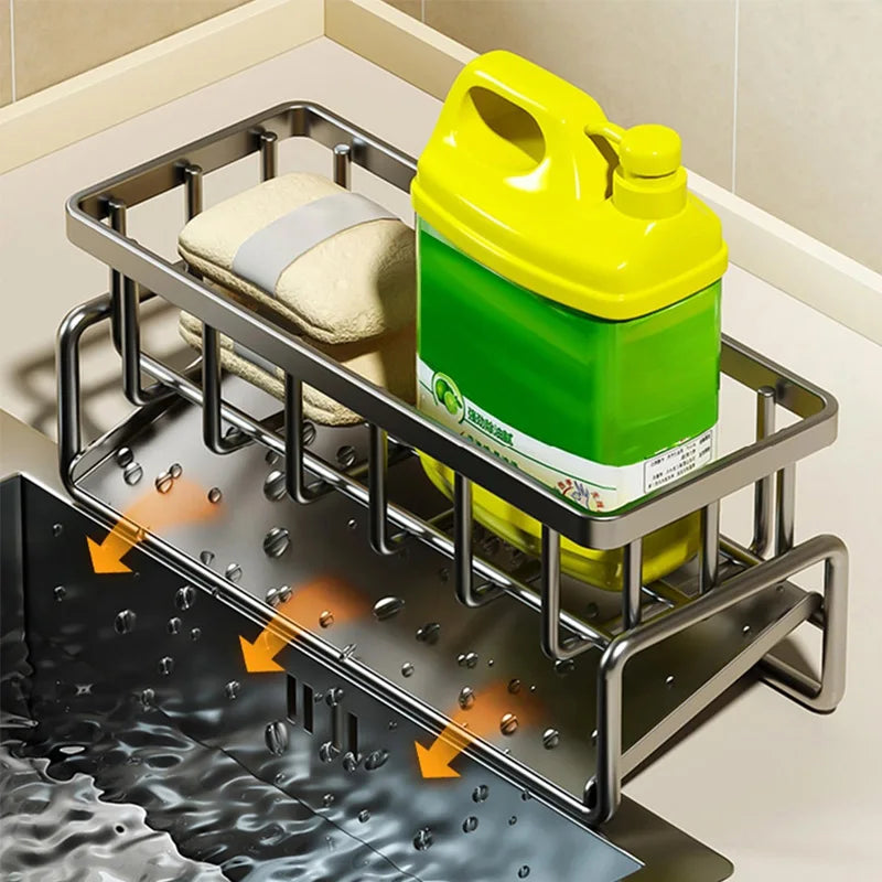 Compact Carbon Steel Sink Organizer With Tilted Drain Tray.