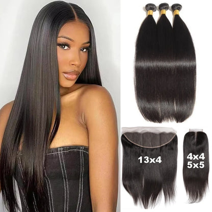 HD 4x4 5x5 13x4 Closure With Bundles Indian Straight Human Hair Bundle With Frontal Invisible Melt Skin HD Lace 3 4 Bundle Weave