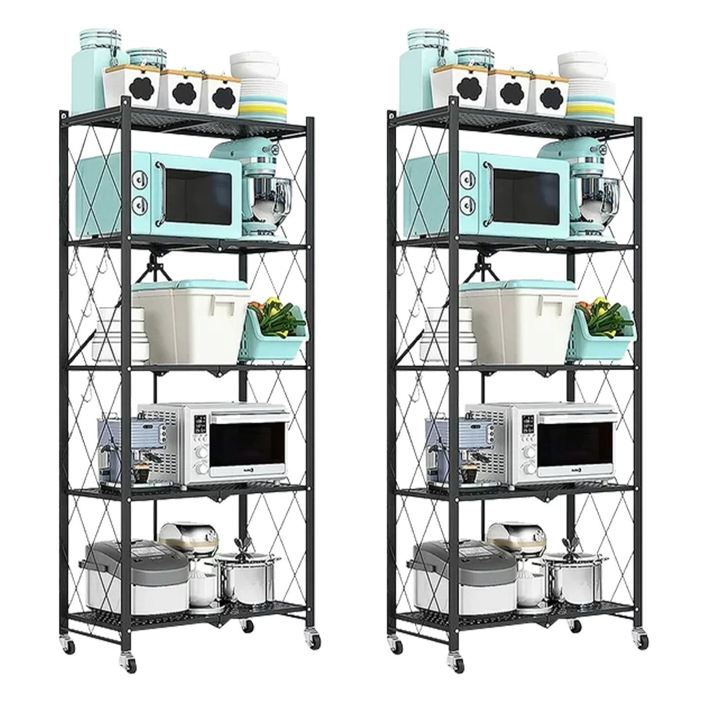 Heavy Duty Adjustable Five‑Tier Metal Shelving With Wheels.