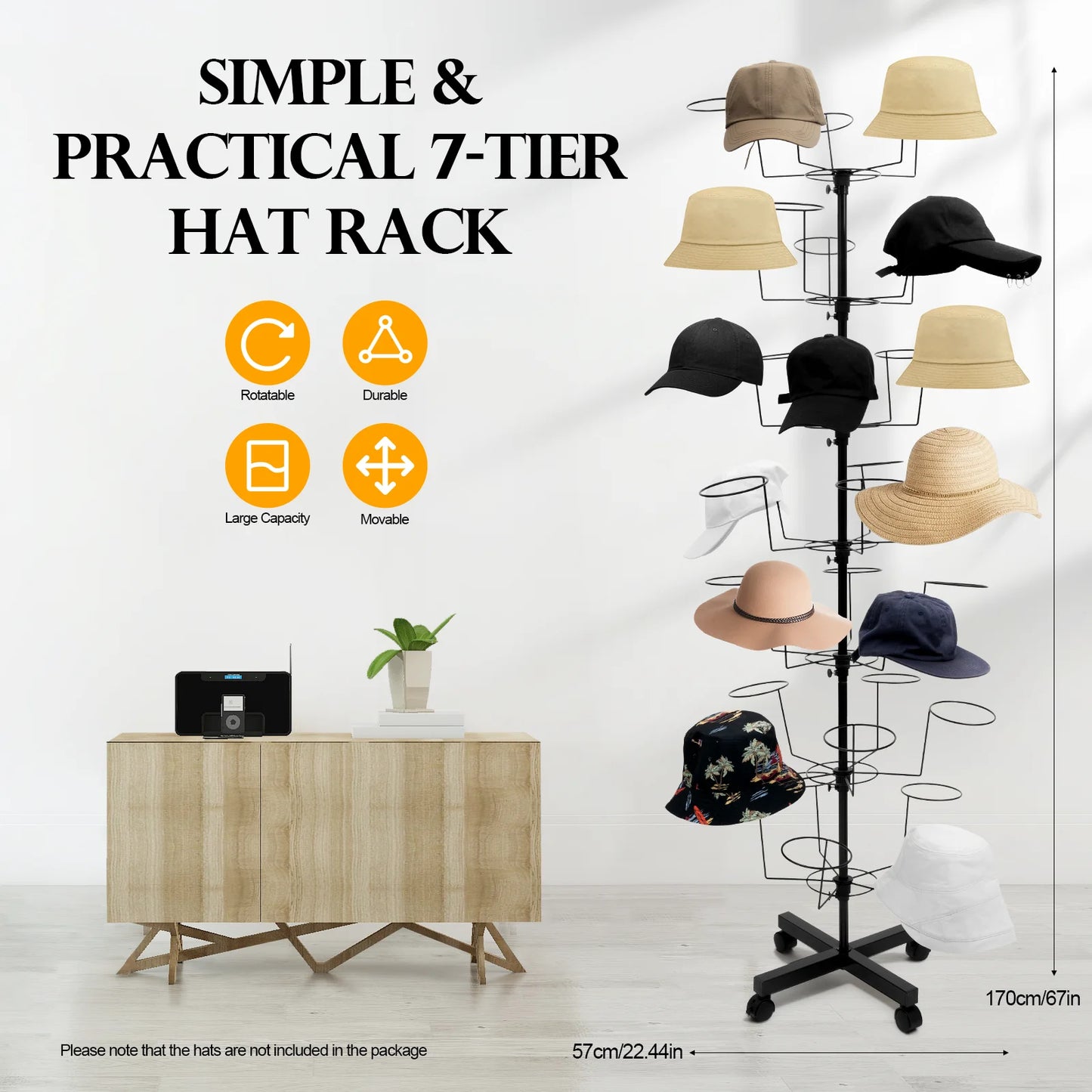 7 Tier Hat Rack Black Freestanding Hat Stand Large Capacity Holds 35 Hats Rotating Display Shelf Space Saving Floor Organizer for Hats Shop Retail Store Home Easy Access