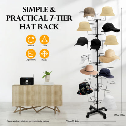 7 Tier Hat Rack Black Freestanding Hat Stand Large Capacity Holds 35 Hats Rotating Display Shelf Space Saving Floor Organizer for Hats Shop Retail Store Home Easy Access